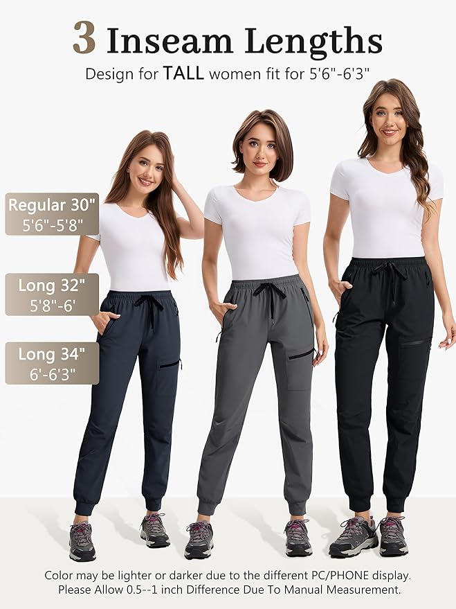 Womens Tall Hiking Pants 30/32/34 Inseam Lightweight Joggers Quick Dry 4 Pockets Travel Athletic Cargo UPF50+