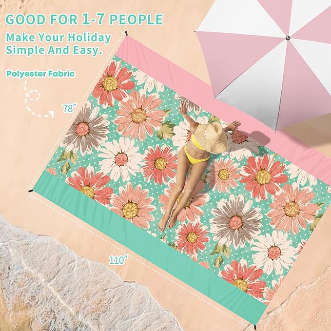 BYDOLL Beach Blanket Waterproof Sandproof 78''ร110'' Suits1-7 Adults Compact Lightweight Oversized Sand-Free Blanket Large Picnic Mat for Beach Travel Camping Hiking