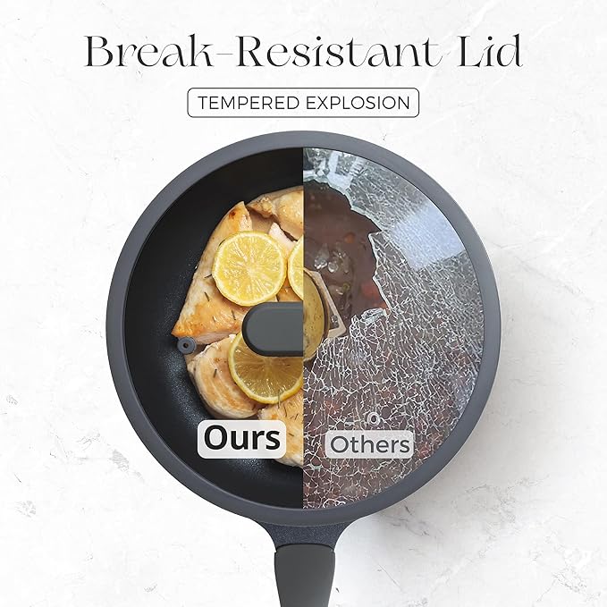 Nonstick Ceramic Frying Pan with Lid, 8/10 Inch Skillet with Stay Cool Handle, Fully Coated, Induction Compatible & Oven Safe, 100% Dishwasher Safe, PTFE & PFOA Free(10 Inch, Black Sesame)