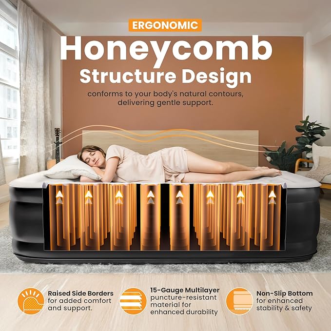 Queen Air Mattress, 18” Raised Inflatable Bed with Built-in Pump, Waterproof Velvety Top, Ergonomic Design, Reinforced Support, and Carry Bag for Home, Camping, and Guests