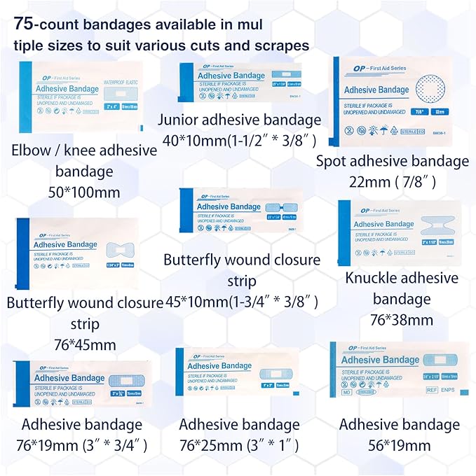 Refill First Aid Kit with 75PCS Assorted Bandages - Emergency Bandage Replenish Pack for Home, Car, Camping, Cuts & Scrapes Care