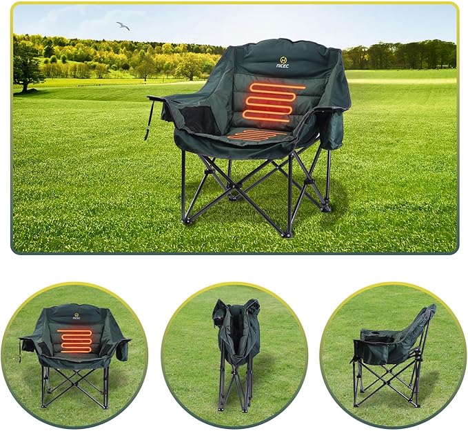 Nice C Heated Camping Chairs with Battery, Outdoor Heated Chair, Oversized XL Padded Camping Chair, Camp Chairs, Wide&Thick, Heavy Duty 400lb, Carry Bag, Cupholder & Cooler (Two Green)