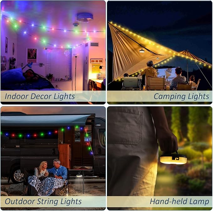 Camping String Lights, 32.8Ft Solar Camping Lights, Portable Waterproof Camp Lamp with 13 Lighting Modes, Hanging Rechargeable Tent Lantern for Outdoor, Indoor, Hiking, Yard, Party Decor