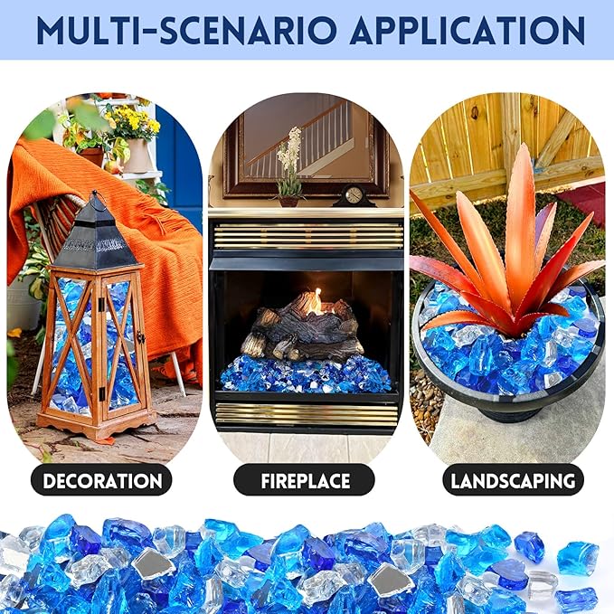 20 Pounds Fire Glass 1/2 Inch High Reflective Tempered Firepit Glass Rocks for Fireplace, Fire Pit Table, Fire Bowl and Landscaping (Cobalt Blue, Oceanic Blue and Crystal Clear)