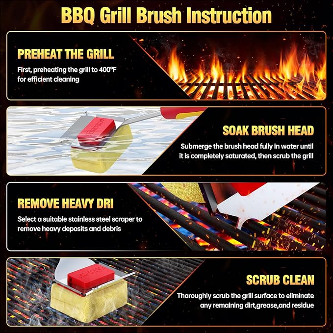 Grill Brush Bristle Free for Outdoor Grill, Steam Grill Cleaning Brush Replaceable BBQ Cleaner Brush Head,Extended Handle, Safe Grill Brush with Scraper for Cast Iron Stainless-Steel Grates,Deep Red