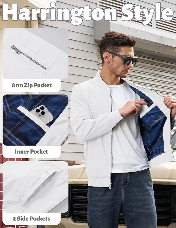 TACVASEN Mens Bomber Jacket Plaid Lined Casual Windbreaker Stylish Light Fall Spring Jackets Windproof Zip Up Coat