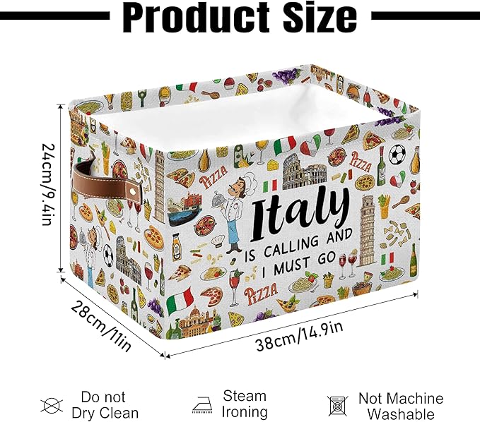 Italy Rectangle Storage Basket - Italy Themed Collection Collapsible Storage Baskets with Handles - Italian Toy Bin - Italian Souvenirs Storages Bin for Kids Clothes, Gifts, Books