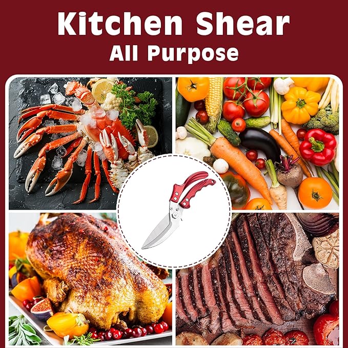 Kitchen Shears Kitchen Scissors for Food - Heavy Duty Stainless Steel Poultry Shears for Chicken, Bone, Meat, Turkey, Fish,Multi Purpose Scissor for Cutting Cooking, Dishwasher Safe (Red)