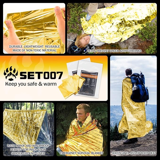 12-Pack Emergency Mylar Thermal Blankets, 82"x62" Space Blankets Foil Blanket, XL Camping Blanket for Outdoors, Hiking, Survival kit, Bug Out Bag,Marathons or First Aid, Golden