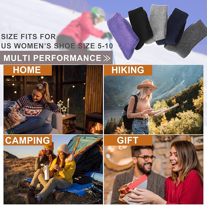 VoJoPi Wool Socks for Women Thermal and Warm Hiking Socks Winter Thick Cozy Cushion Boot Work Socks 5 Pairs