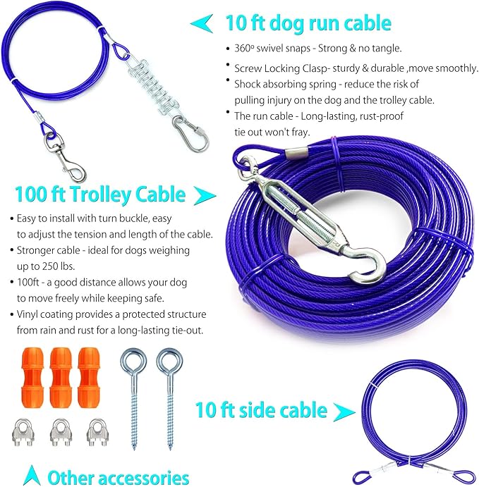 Patented Heavy Duty Dog Tie Out - X-Large Dogs Up to 250lbs - 100ft Cable & 10ft Run with 3 Stoppers for Yard & Camping