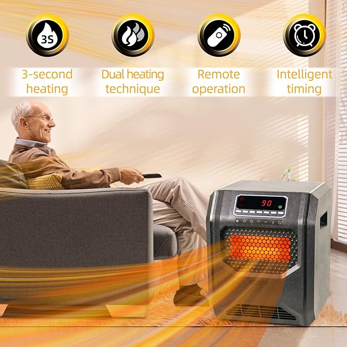 Comfort Portable Quart Infrared Heater for Indoor Use Realsmart 1500 W 3 Heating Mode LCD Display Remote Control Overheat Tip Over Protection Safe Electric Heaters for Large Rooms
