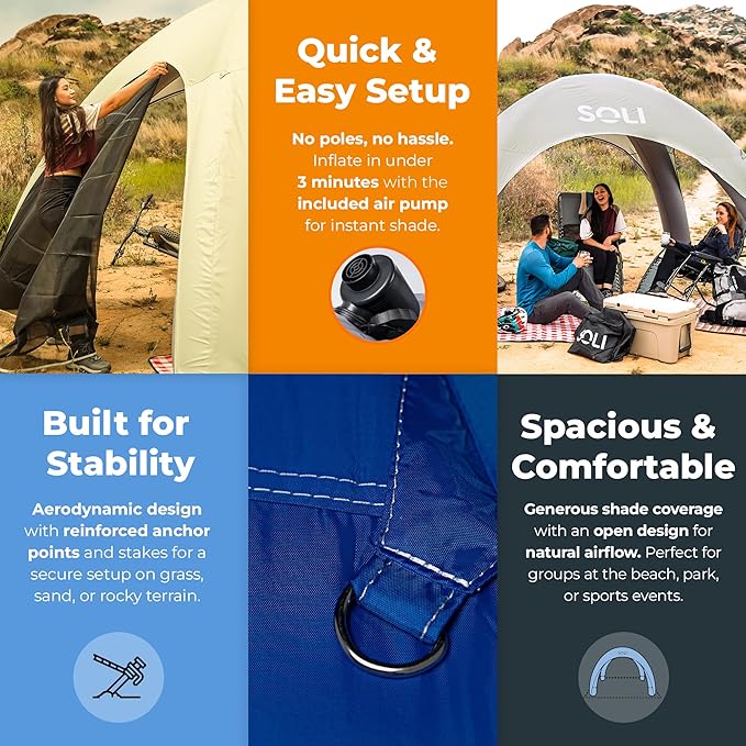 SOLI: Air Canopy 12' - Cool Grey - Outdoor & Beach Self-Inflating Sun Tent, Shade Wall, UPF 50+, Pump-Stakes-Ropes, Lightweight & Portable, Backpack