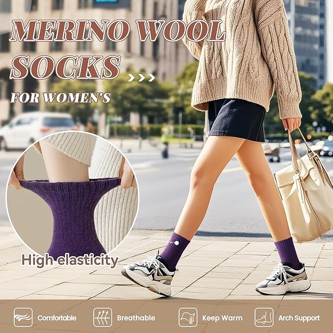 Merino Wool Socks For Women Hiking Winter Boot Thermal Warm Thick Cozy Work Crew Socks 5 Pairs