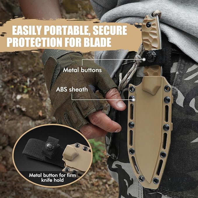 9.29“ Fixed Blade Knife with Sheath, 5.04" Blade in 5cr14mov Steel, Tactical for Men, Survival Knife with ABS Handle,Full Tang Design Khaki-Sliver