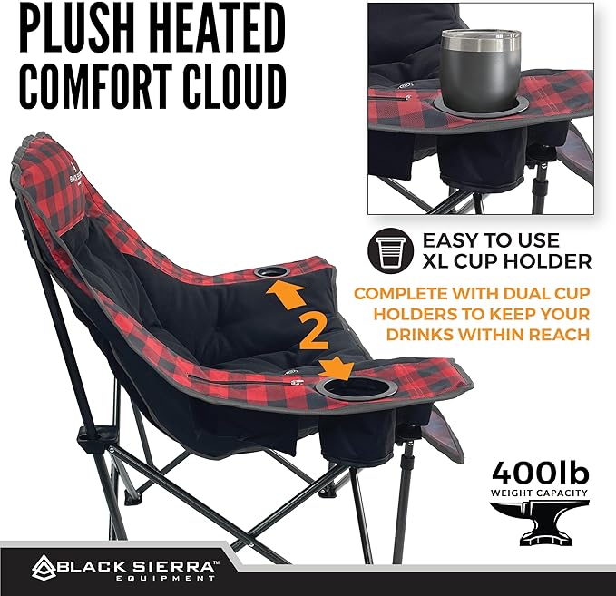 Black Sierra Heated Camping Chair for Adults, Oversized Outdoor Seat with Plush Padding, Supports 400lbs, Cup Holders and Carry Bag, Heavy Duty Folding Chair for Tailgating, Patio, or Sideline Comfort