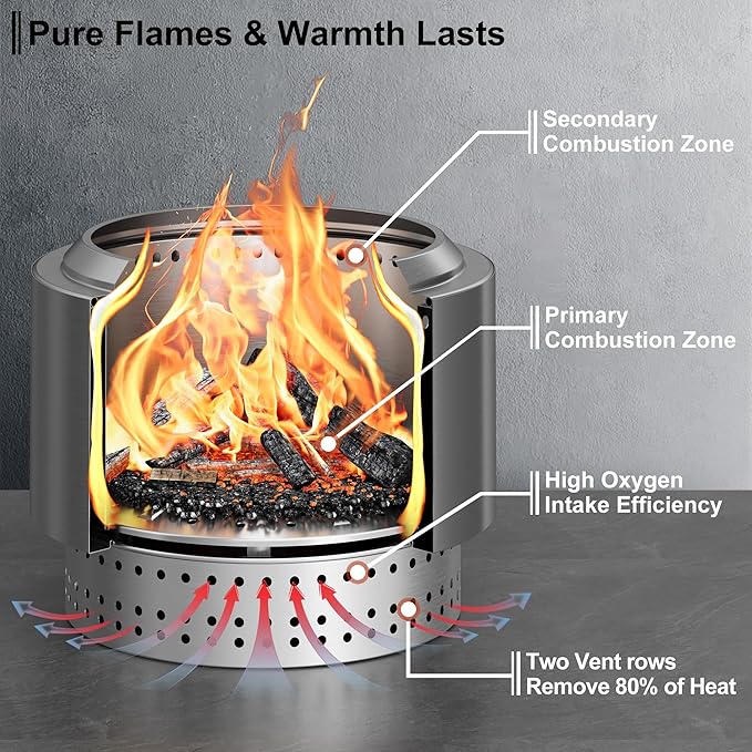 20 Inch Smokeless Fire Pit with Removable Ash Pan, Fire Pits for Outside Wood Burning, Portable Bonfire Outdoor Firepit, Waterproof Bag & Poker Included, Stainless Steel, Camping Backyard