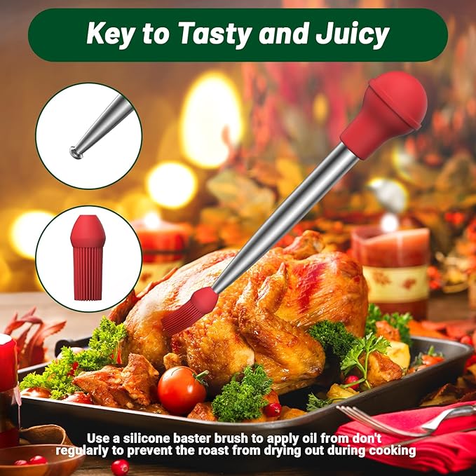Vondior Turkey Baster for Cooking, Food Grade Stainless Steel Turkey Baster Syringe with Barbecue Basting Brush and 2 Marinade Injector Needles and Cleaning Brush, Red