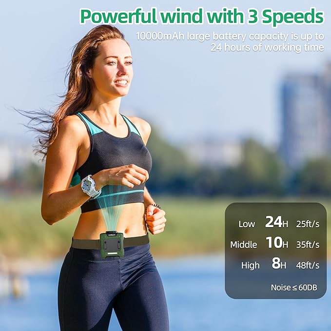 AMKEN Waist Fan - 3-Speed Clip-On Belt Fan, 16000RPM Strong Airflow, 24H Rechargeable Battery (10000mAh), LED SOS & Red-blue Light - Portable Cooling for Jobsite, Camping, Fishing, Outdoor
