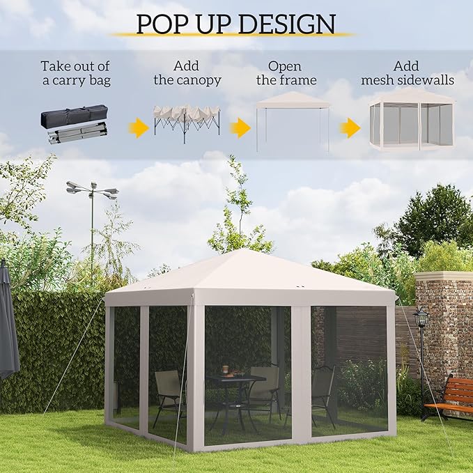 Outsunny 10' x 10' Pop Up Canopy Tent with Netting, Instant Gazebo, Screen House Room with Carry Bag, Height Adjustable, for Outdoor, Garden, Patio, Camping, Beige