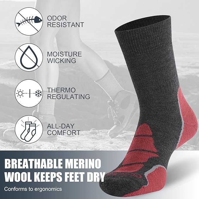 ZEAL WOOD Merino Wool Crew Hiking Socks for Women And Men with Full Cushion Moisture Wicking Walking Work Boot Socks