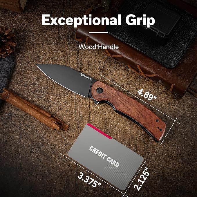 SENCUT Omniform Folding Pocket Knife for Men, Camping Knife with Guibourtia Wood Handle and 3.65" 9Cr18MoV Blade, Large EDC Knife for Outdoor S23064-3