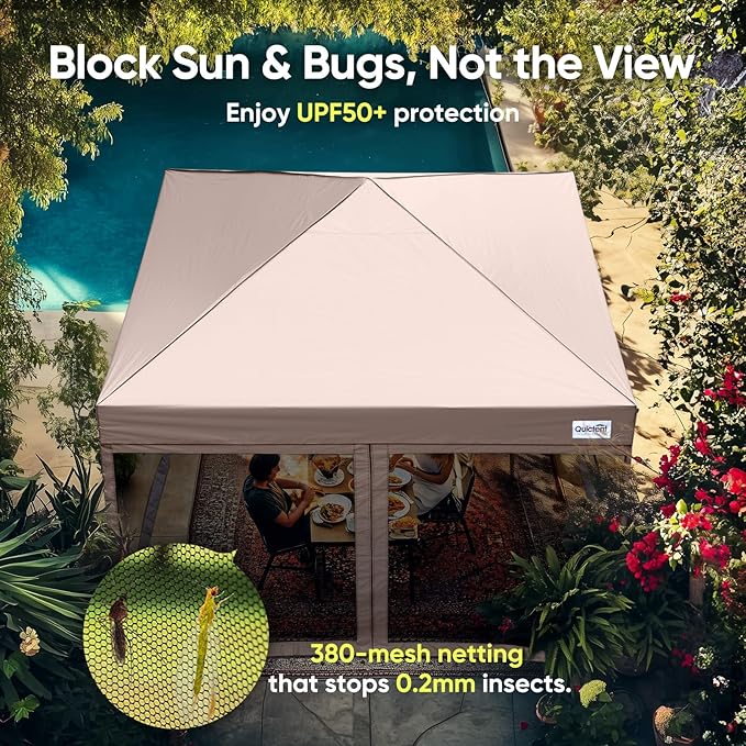 Quictent 8'x8’ Pop up Screened Canopy Tent with Mosquito Netting, Portable Easy up Outdoor Screen House Shelter for Patio, Camping and Picnic, Includes Wheeled Carry Bag (Tan)