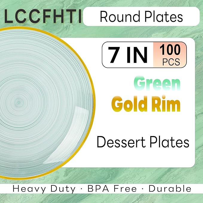 100PCS Transparent Green Gold Plastic Plates, 7 Inch Heavy Duty Disposable Dessert Plate with Gold Rim, Round Appetizer/Salad Plates for Wedding, Party, Camping, Picnic