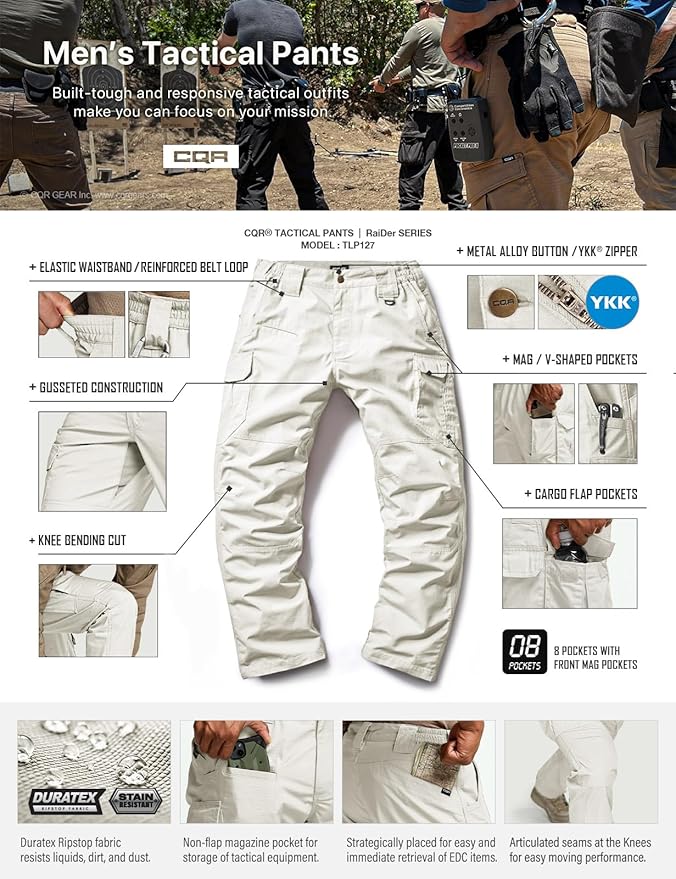 CQR Men's Tactical Pants, Water Resistant Ripstop Cargo Pants, Lightweight EDC Work Hiking Pants, Outdoor Apparel