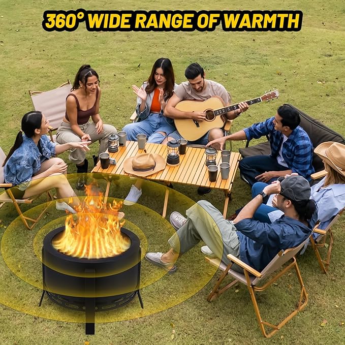 26" Smokeless Fire Pit with Ash Tray Base,Smokeless Outdoor Firepits with Adjustable Foot&Fire Poker,Firepit with Dust Bag,Outdoor Fire Pits for BBQ,Bonfire,Camping