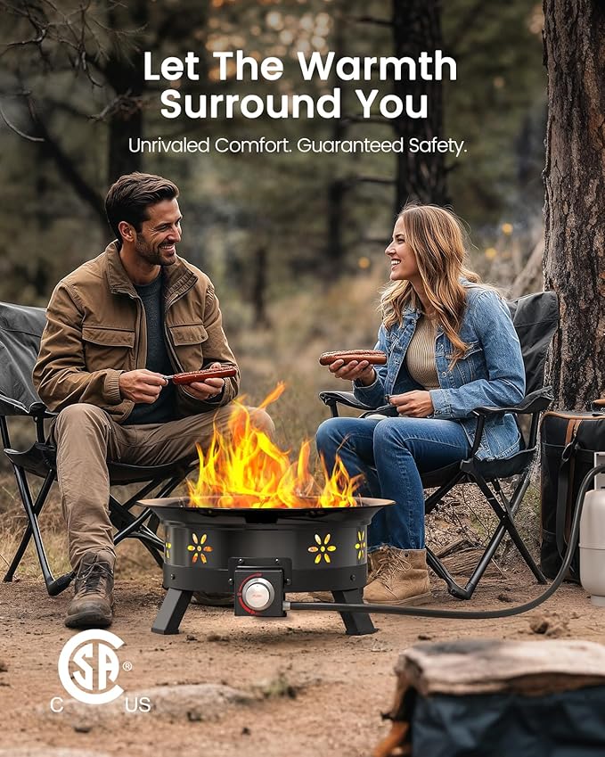 AMADA HOMEFURNISHING 24″ Propane Fire Pit with Grill Grate, 58,000 BTU, Folding Legs, Propane Tank Holder, Cover, and Carry Strap, No Ignition Needed, Easy Flame Adjustment, CSA-Certified, Portable