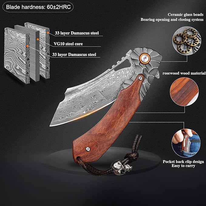 men's pocket knife Damascus Steel Handmade Folding Knife,3.5 in blade rosewood handle,with leather case ,Liner Lock Steel ball bearings,pocket clip ,EDC Camping Outdoor Survival Knife