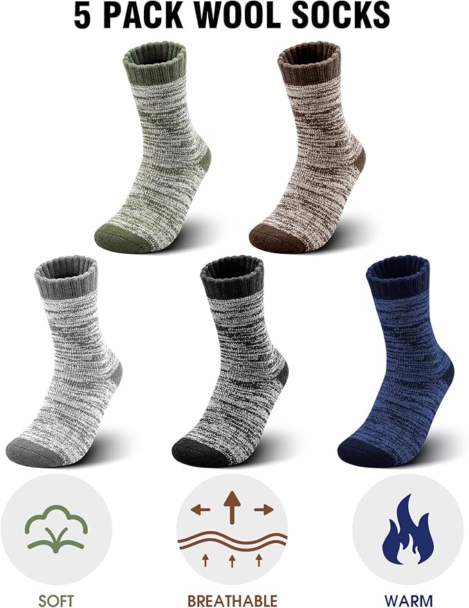 Yeblues 5 Pairs Thick Wool Socks Mens, Warm Winter Fuzzy Socks,Soft Hiking Socks Men Moisture Wicking Boot