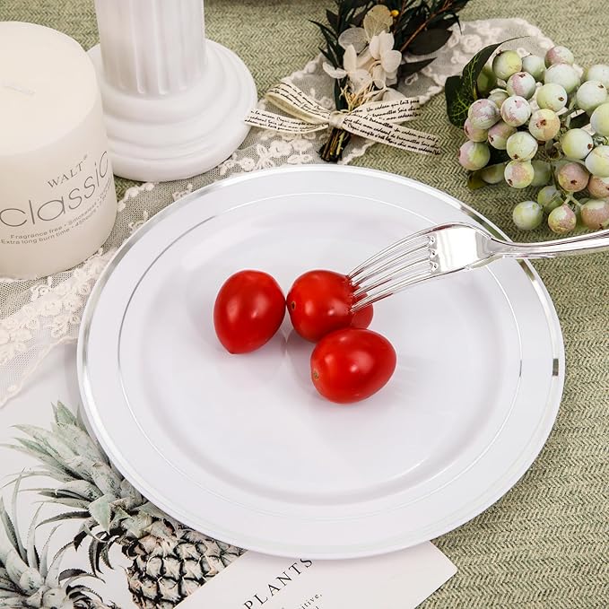 Nervure 204PCS Silver Plastic Plastes - 102PCS Disposable Silver Dessert Plates with 102PCS Plastic Forks Perfect for Salads, Desserts, Catering, Wedding & Parties