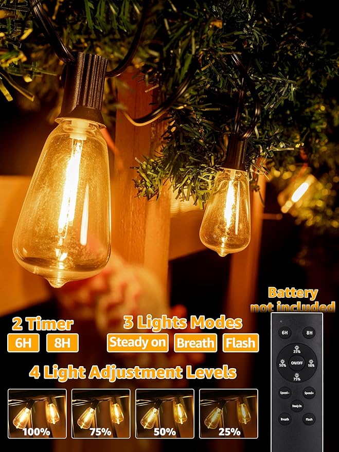 Outdoor String Lights Dimmable with Remote, 150 FT Outdoor Lights with 2 Timer and 3 Mode, Waterproof & Shatterproof Patio Lights, 2200K Energy Saving String Lights 4 Spare Bulbs for Patio Yard