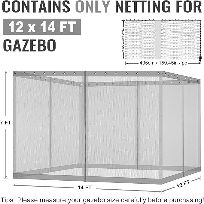 COWVIE Gazebo Replacement Netting Screen, 12' x 14' Universal Gazebo 4-Panel Mosquito Sidewalls with Double Zippers for Outdoor Patio (Only Netting)
