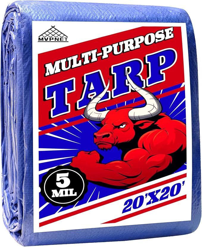 Tarp 20x20 ft 100% Waterproof Uv Resistant High Durability Multipurpose 5mil Blue Tarp for Covering Courtyards, Cars, Camping, Gardens, Pet Nests -by MVPNET