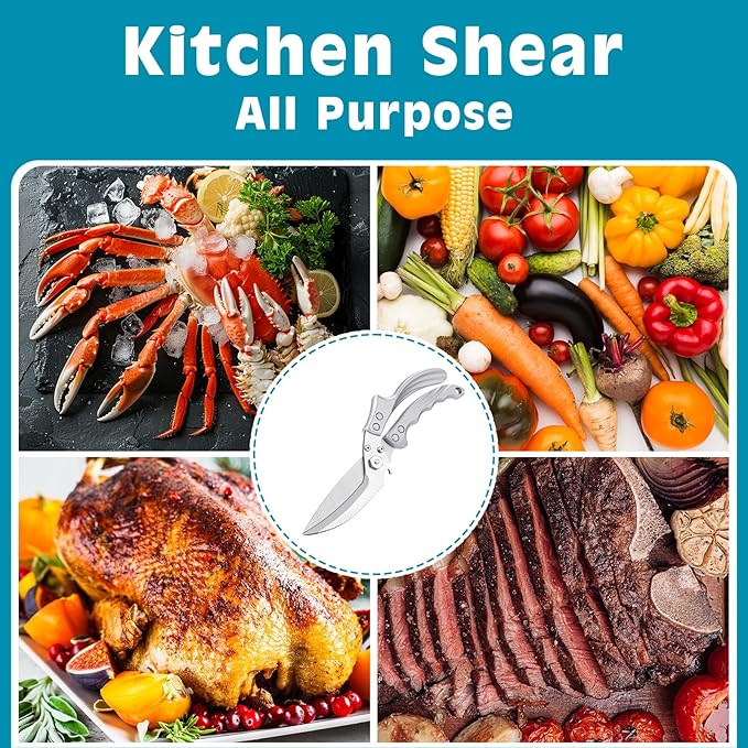 Kitchen Shears Heavy Duty - All Purpose Poultry Shears Stainless Steel Kitchen Scissors for Chicken, Bone, Meat, Turkey, Fish, Scissor for Cutting Cooking, Dishwasher Safe (Silver)