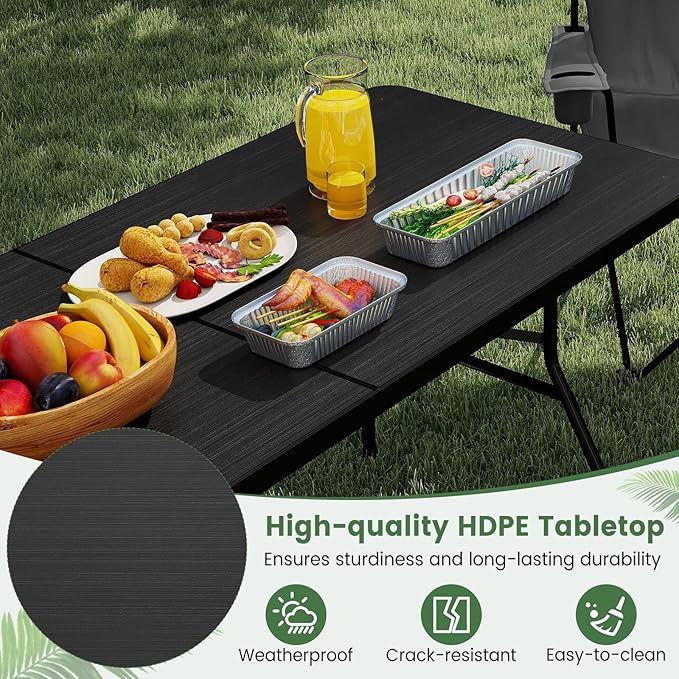 GYMAX 6FT Folding Table, Portable Lightweight Camping Table with Carry Handle, Easy Fold Up Rectangle Indoor/Outdoor Collapsible Table for Camp, Picnic, BBQ, Patio (Black (No Umbrella Hole))