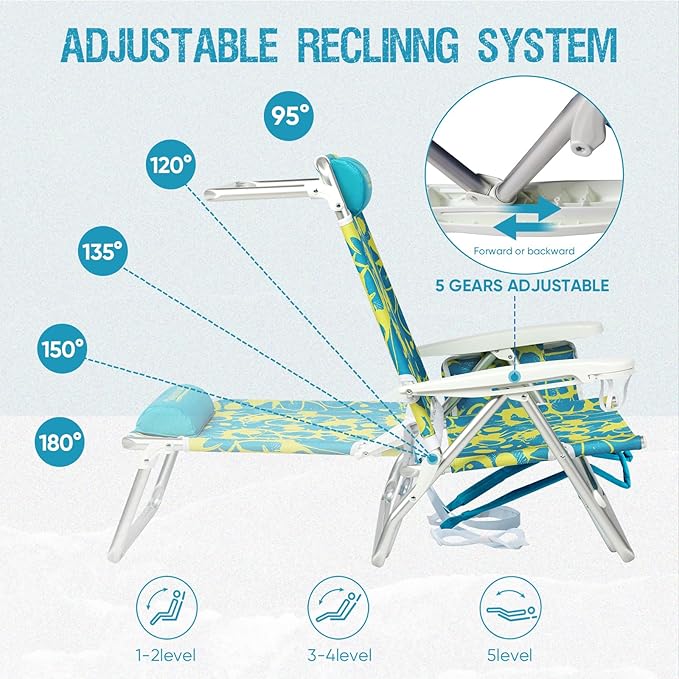 Reclining Beach Chair Backpack 5-Position Lay Flat Lounge Chair for Adults Heavy Duty Portable Folding Lightweight with Cooler Bag Camping Chair for Sand Outdoor