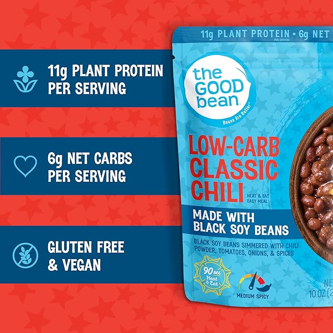 The Good Bean Heat and Eat Pouch - Low-Carb Classic Chili - (4 Pack) 10 oz Pouch - Simmered Black Soybeans with Chili Powder - Pre-Cooked Beans with Good Source of Plant Protein and Fiber