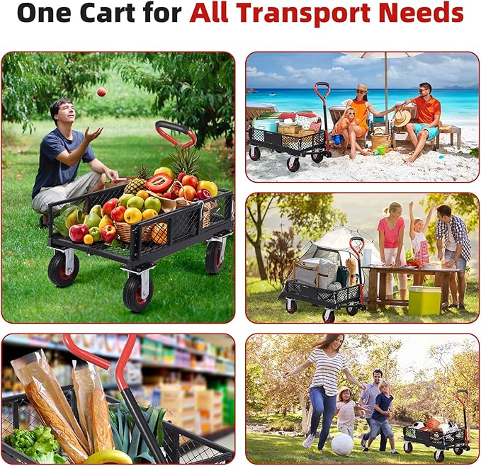 Collapsible Foldable Steel Garden Cart 360lbs, Heavy Duty Folding Utility Wagon Cart w Removable Mesh Sides, All-Terrain Wheels & 180° Rotating Handle for Camping Shopping