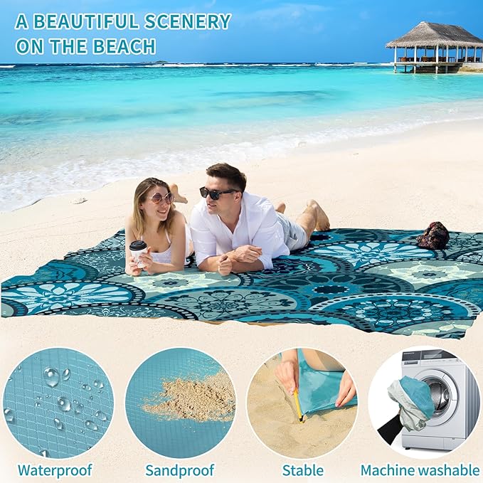 BYDOLL Beach Blanket Waterproof Sandproof 78''ร81'' Suits1-4 Adults Compact Lightweight Oversized Sand-Free Blanket Large Picnic Mat for Beach Travel Camping Hiking