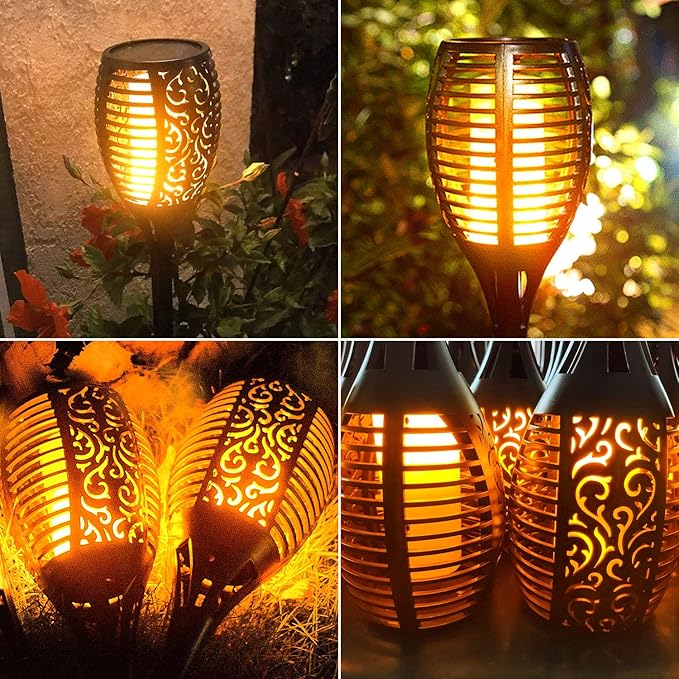 8 Pack Solar Lights Outdoor - Upgraded Solar Tiki Torches with Realistic Flickering Flame, 3-in-1 Fire Effect Hanging Lantern for Garden, Pathway, Yard, Patio - Waterproof & Auto On/Off