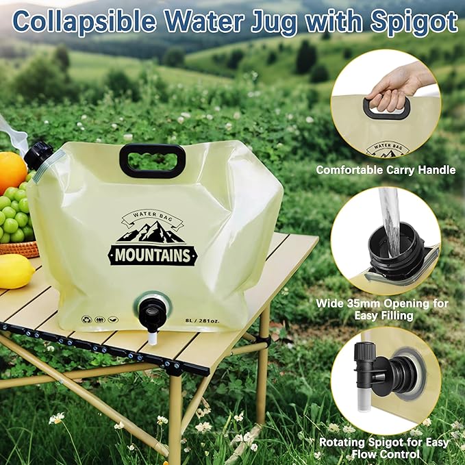 Camping Water Jug 2.1 Gallon Collapsible Water Container Portable Water Bag for Travel Outdoor Hiking BPA Free Lightweight (Beige (2.1Gal), 2)