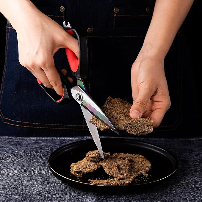 LIVINGO Heavy Duty Kitchen Shears - Titanium Coated Hot Forged Sharp Multipurpose Stainless Steel Utility Shears for Household Culinary Food Cutting Chicken Meat Cooking, Dishwasher Safe, 9.5 Inch