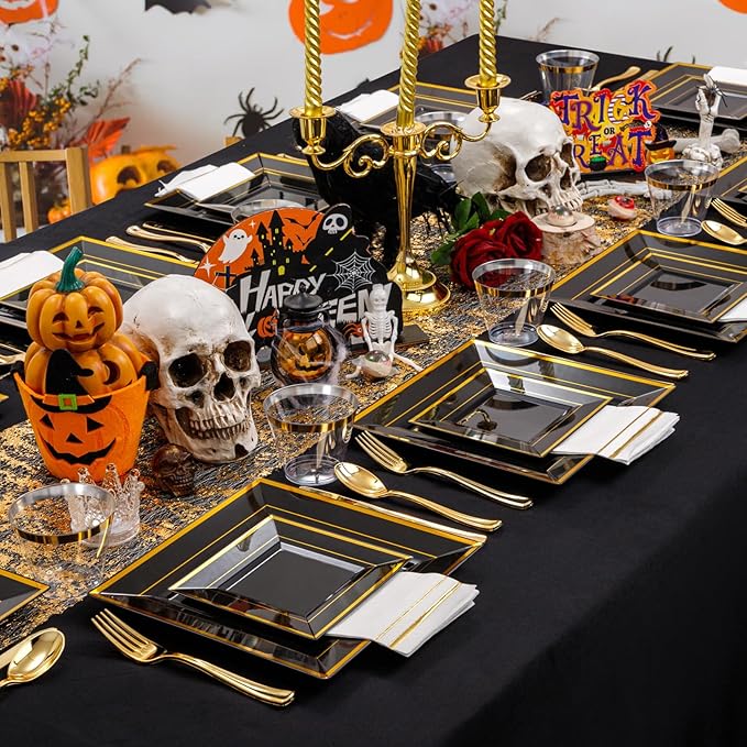 Festiva 350Pcs Black and Gold Plastic Plates-50Guests Disposable Square Black Dinnerware Set include 100 Plastic Plates,50Cups,150Plastic Cutlery,50Napkins for Halloween Party &Wedding&New Year