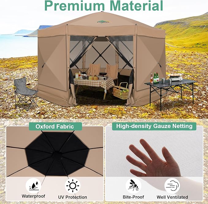 COBIZI 15x15ft Extra Large Pop Up Gazebo Canopy Tent with Mosquito Netting, Spacious Easy Set-Up Screened Shelter, Durable Outdoor Pavilion with Ground Stakes, Perfect for Patio, Backyard, Khaki