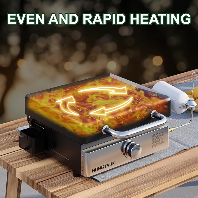 23 Inch Portable Propane Gas Grill with Lid & Stainless Steel Front Plate, Propane Tabletop Flat Top Grill for Camping, BBQ and Outdoor Cooking, 2 Burners