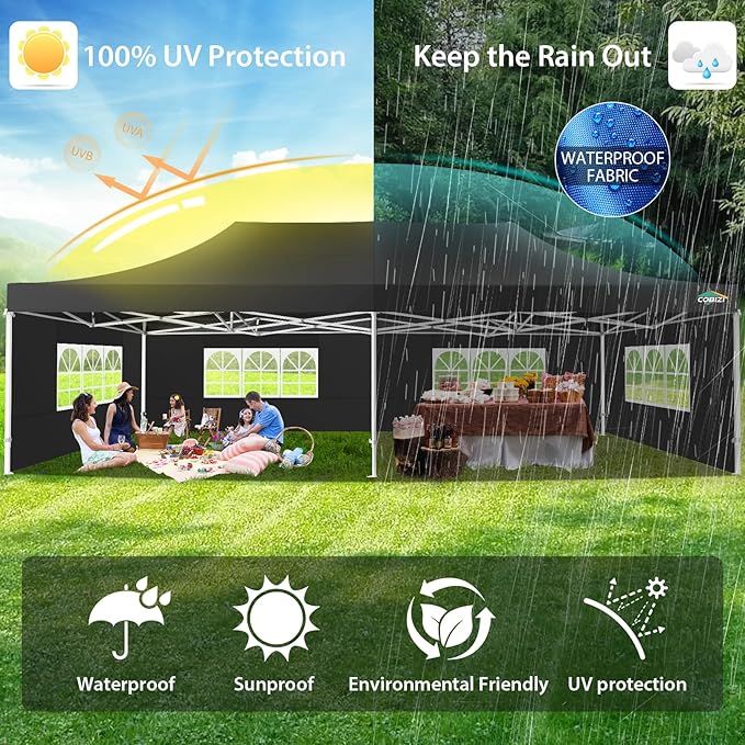 COBIZI 13x26 Pop up Canopy Tent 13x26 Canopy with 6 Sidewalls Waterproof Heavy Duty Commercial Canopy Tent for Parties Outdoor Tent Garden Gazebo Tent, Carry Bag with Wheel(13x26ft, Black)